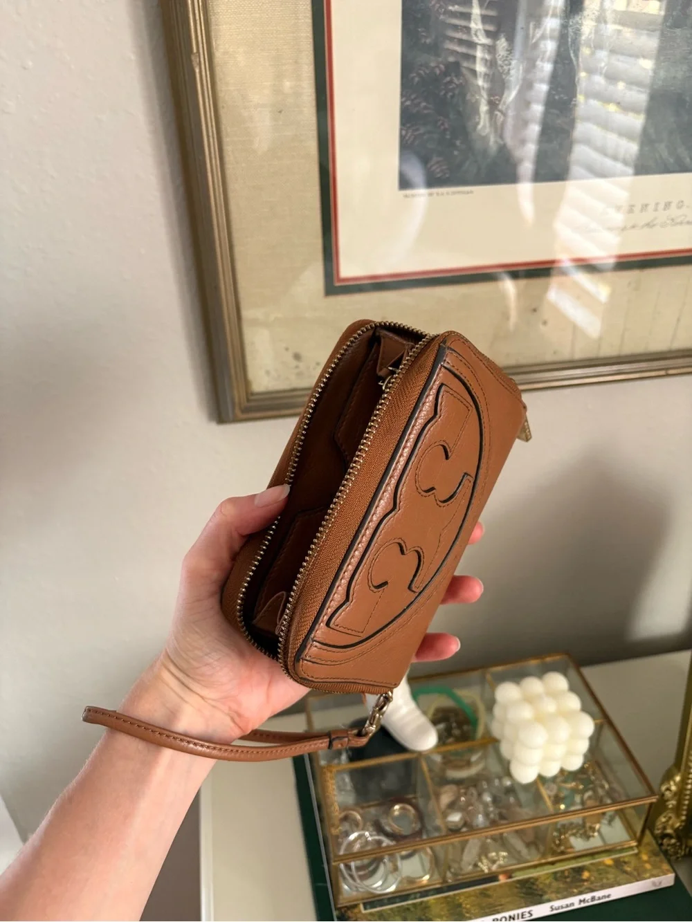 Tory Burch Tan Leather Wristlet with Logo